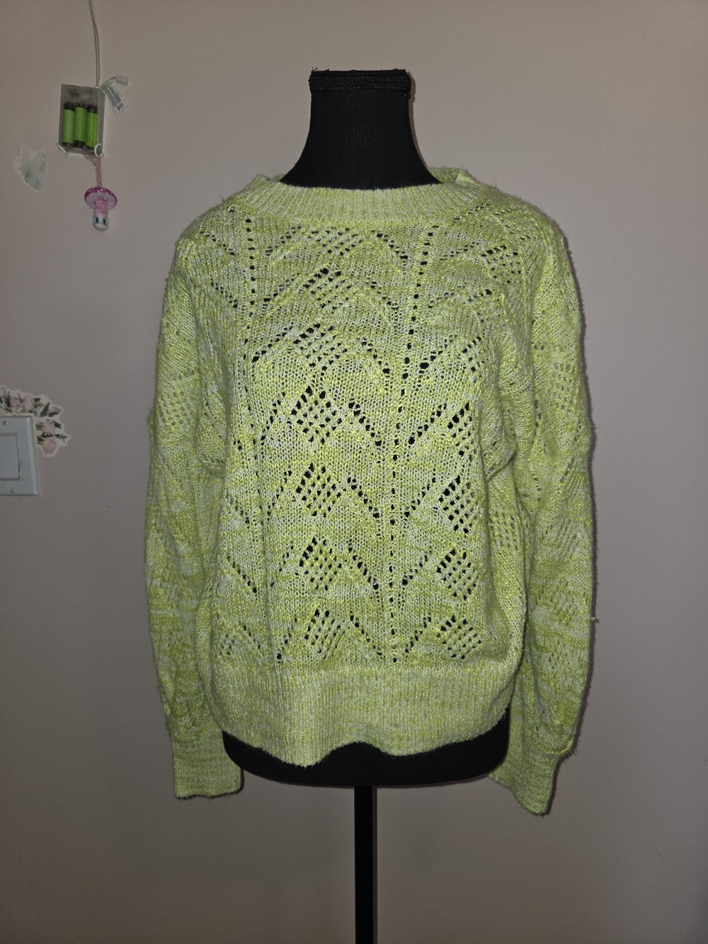 Cleo Open-Knit Crewneck Sweater in Green & Yellow Size Large